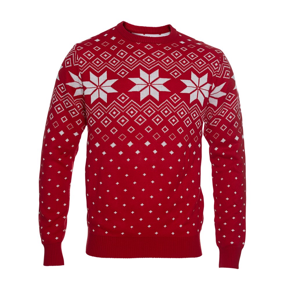 En rød julesweater med hvide snefnug på.